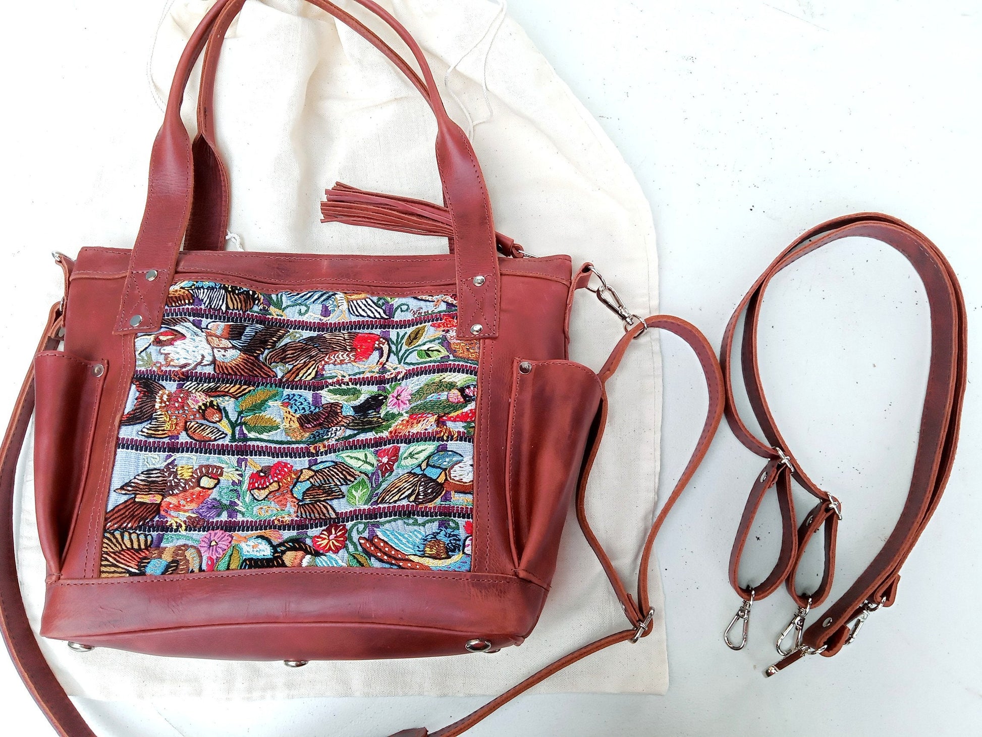Custom Huipil Pattern Caramel Brown Genuine LEATHER CONVERTIBLE BACKPACK Bag - Aesthetic Full Grain Leather Handles cross body And Handbags