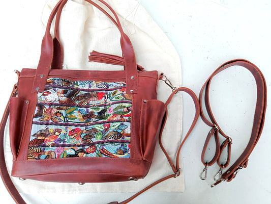 Custom Huipil Pattern Caramel Brown Genuine LEATHER CONVERTIBLE BACKPACK Bag - Aesthetic Full Grain Leather Handles cross body And Handbags