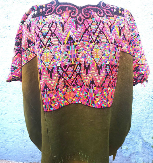 Vintage GREEN Cotton Unique Green Handmade weaved GEOMETRIC CHICHI Huipil - Mayan Fair Trade 