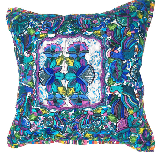 Guatemalan upcycled huipil pillow case cushion cover 19x19 inches -Butterflies, Rosters and floral