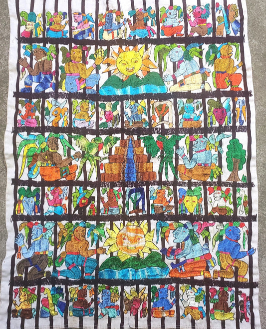 Handmade hanging embroidered Guatemalan white silk wall decor "Mayan Calendar" tapestry
