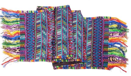 Vintage unique Guatemala handmade weaved cotton SILK fringes -San MARTIN Jilotepeque huipil- Geometric ZIGZAG motives table runner