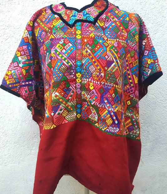 Vintage cotton unique Red handmade weaved Mayan huipil -Chile Verde Quetzaltenango-