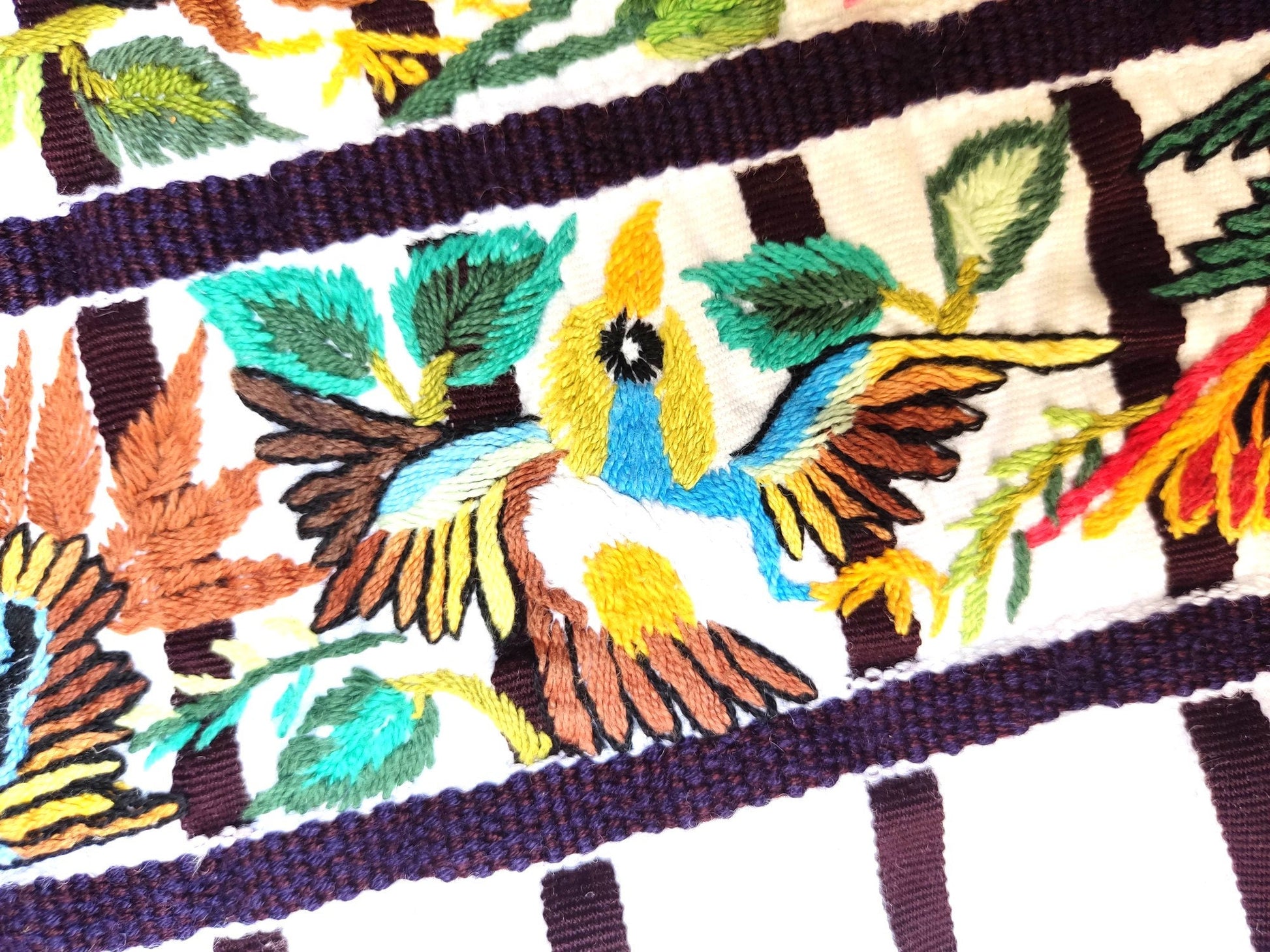Handmade White EMBROIDERED Guatemalan Santiago Atitlan COTTON WALL "Mayan Bird Family" Tapestry