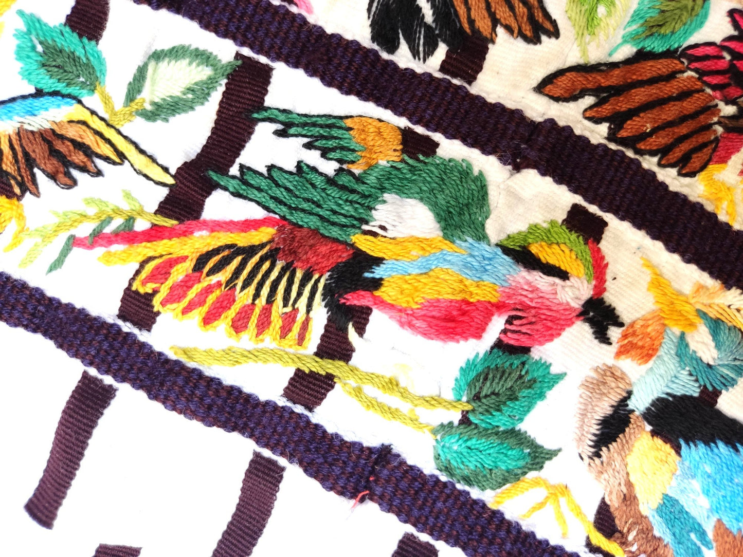 Handmade White EMBROIDERED Guatemalan Santiago Atitlan COTTON WALL "Mayan Bird Family" Tapestry