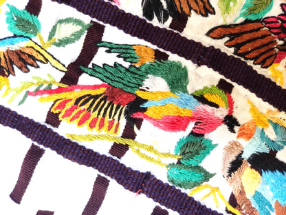 Handmade White EMBROIDERED Guatemalan Santiago Atitlan COTTON WALL "Mayan Bird Family" Tapestry