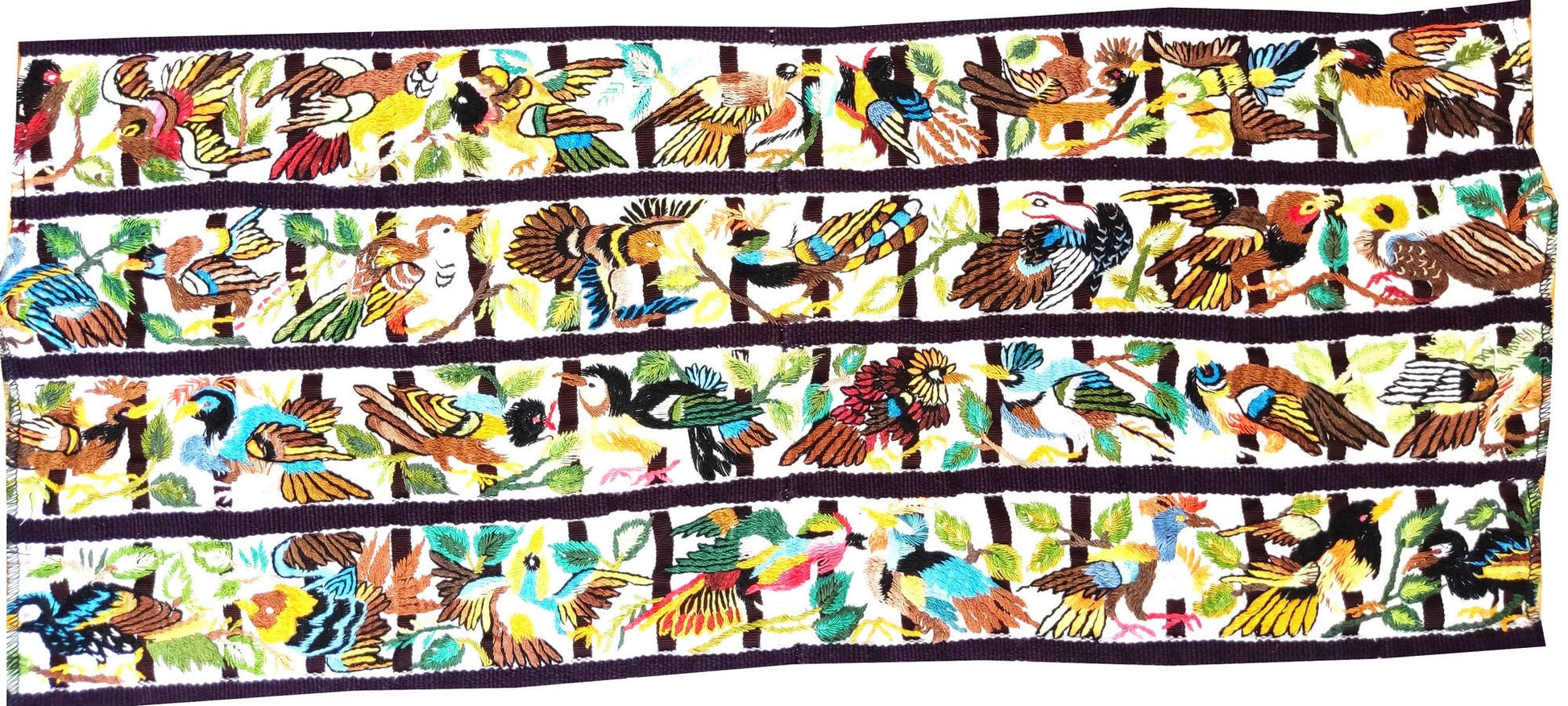 Handmade White EMBROIDERED Guatemalan Santiago Atitlan COTTON WALL "Mayan Bird Family" Tapestry