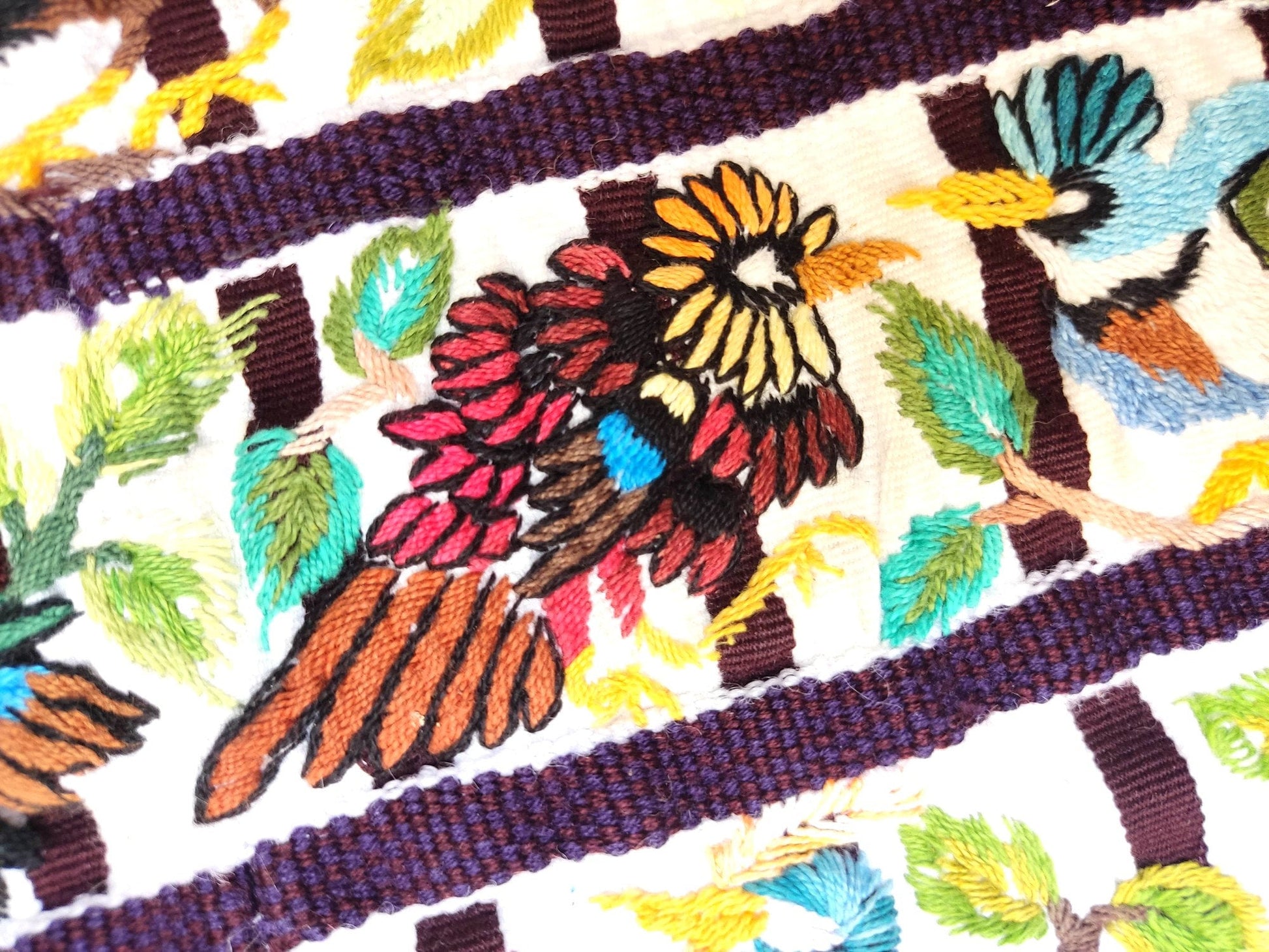 Handmade White EMBROIDERED Guatemalan Santiago Atitlan COTTON WALL "Mayan Bird Family" Tapestry