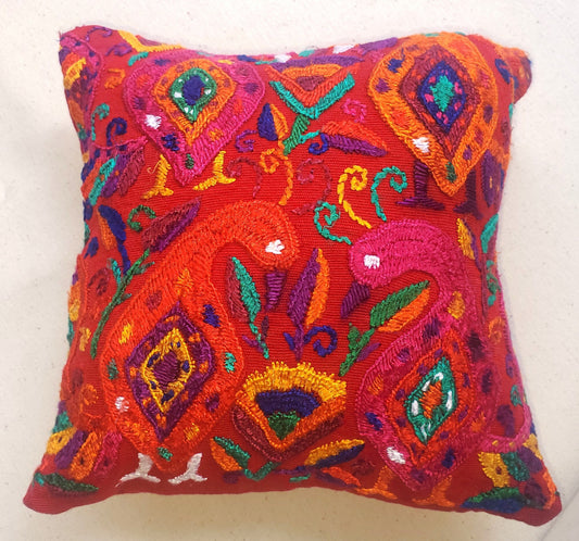MINI Guatemala Hand Embroidery -Peacock Family- Pillow Cushion 8x8 - INSERT INCLUDED