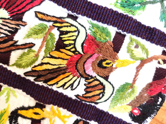 Handmade White EMBROIDERED Guatemalan Santiago Atitlan COTTON WALL "Mayan Bird Family" Tapestry