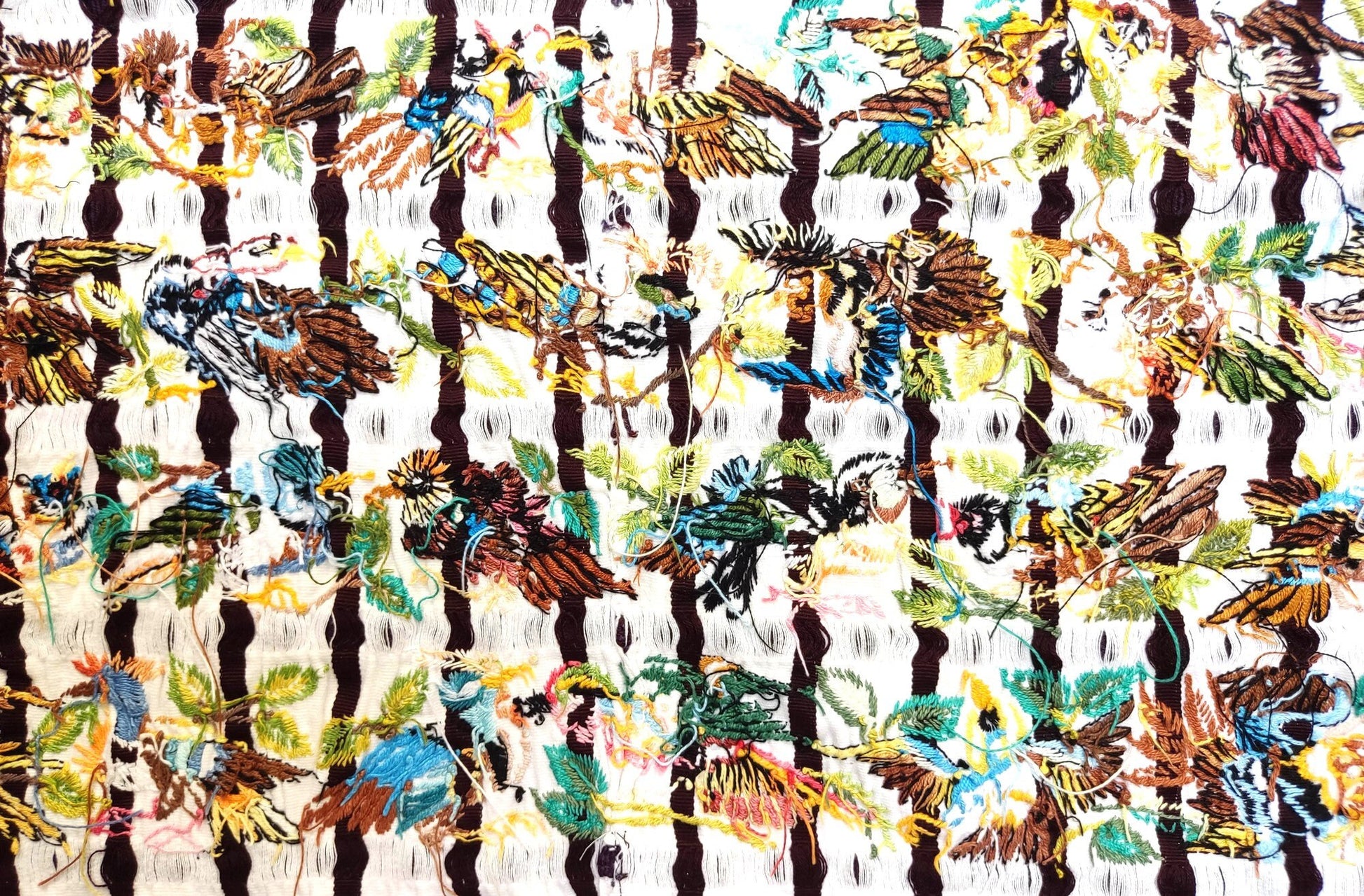 Handmade White EMBROIDERED Guatemalan Santiago Atitlan COTTON WALL "Mayan Bird Family" Tapestry