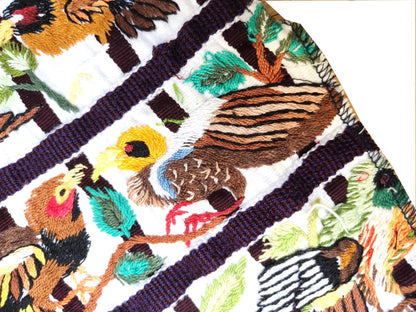 Handmade White EMBROIDERED Guatemalan Santiago Atitlan COTTON WALL "Mayan Bird Family" Tapestry