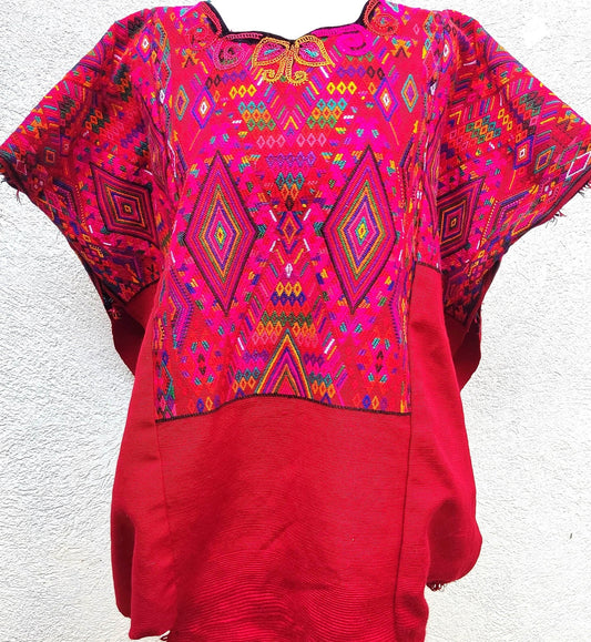 Guatemalan unique handmade Red CHICHICASTENANGO weaved cotton huipil - Mayan rombus motives-