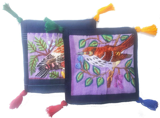 13x13 Cm Hand Embroidered COTTON Textile GUATEMALAN Birds COASTER - Pretty Ornament Square Coaster