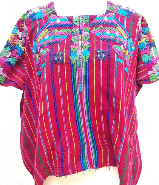 Vintage Guatemalan Unique Handmade Weaved Cotton BURGUNDY Color -Mayan DOGS Santo Domingo XENACOJ huipil- - Mayan Fair Trade 