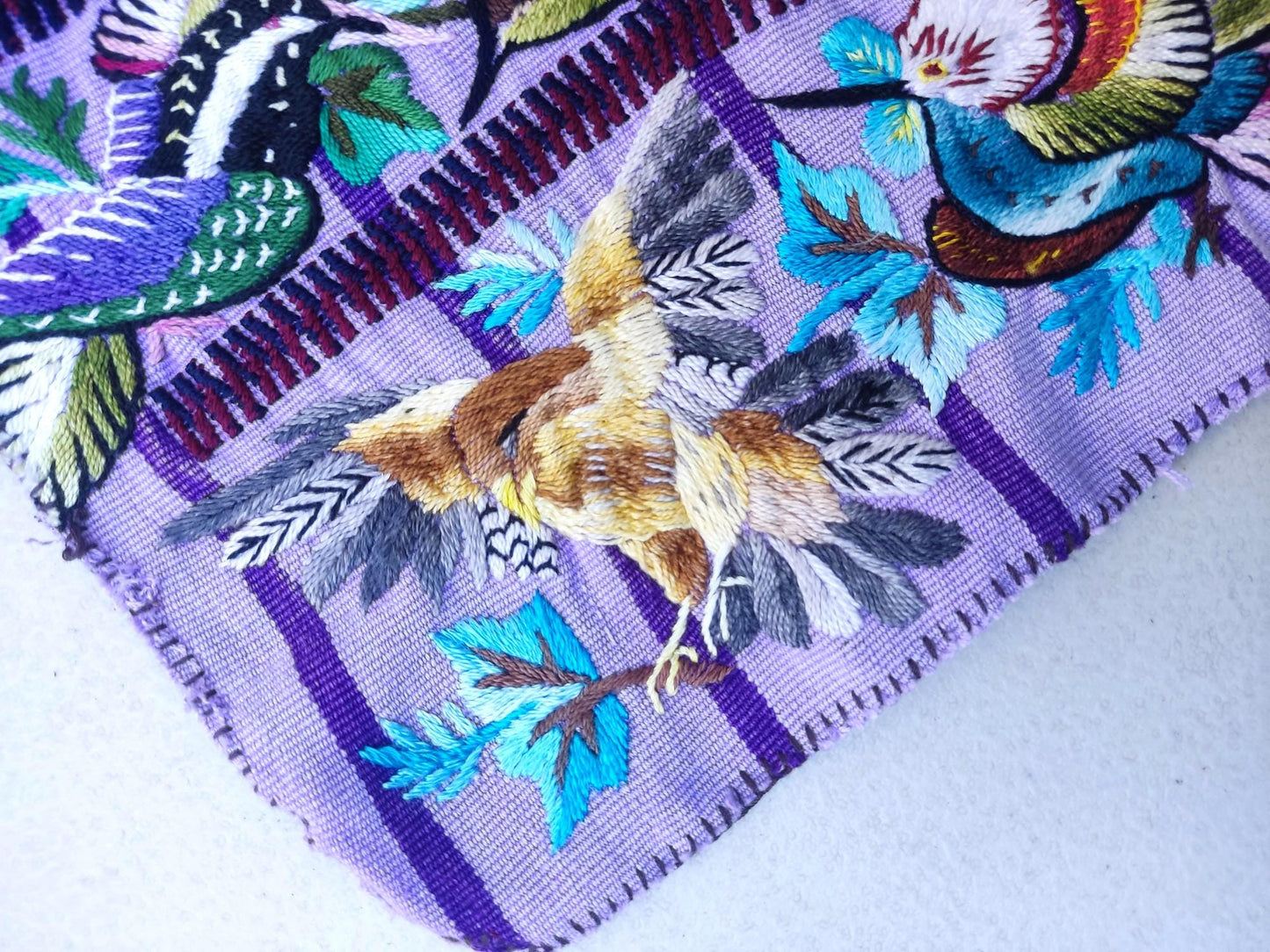 Handmade Purple EMBROIDERED Guatemalan Santiago Atitlan COTTON WALL "Mayan Bird Family" Tapestry