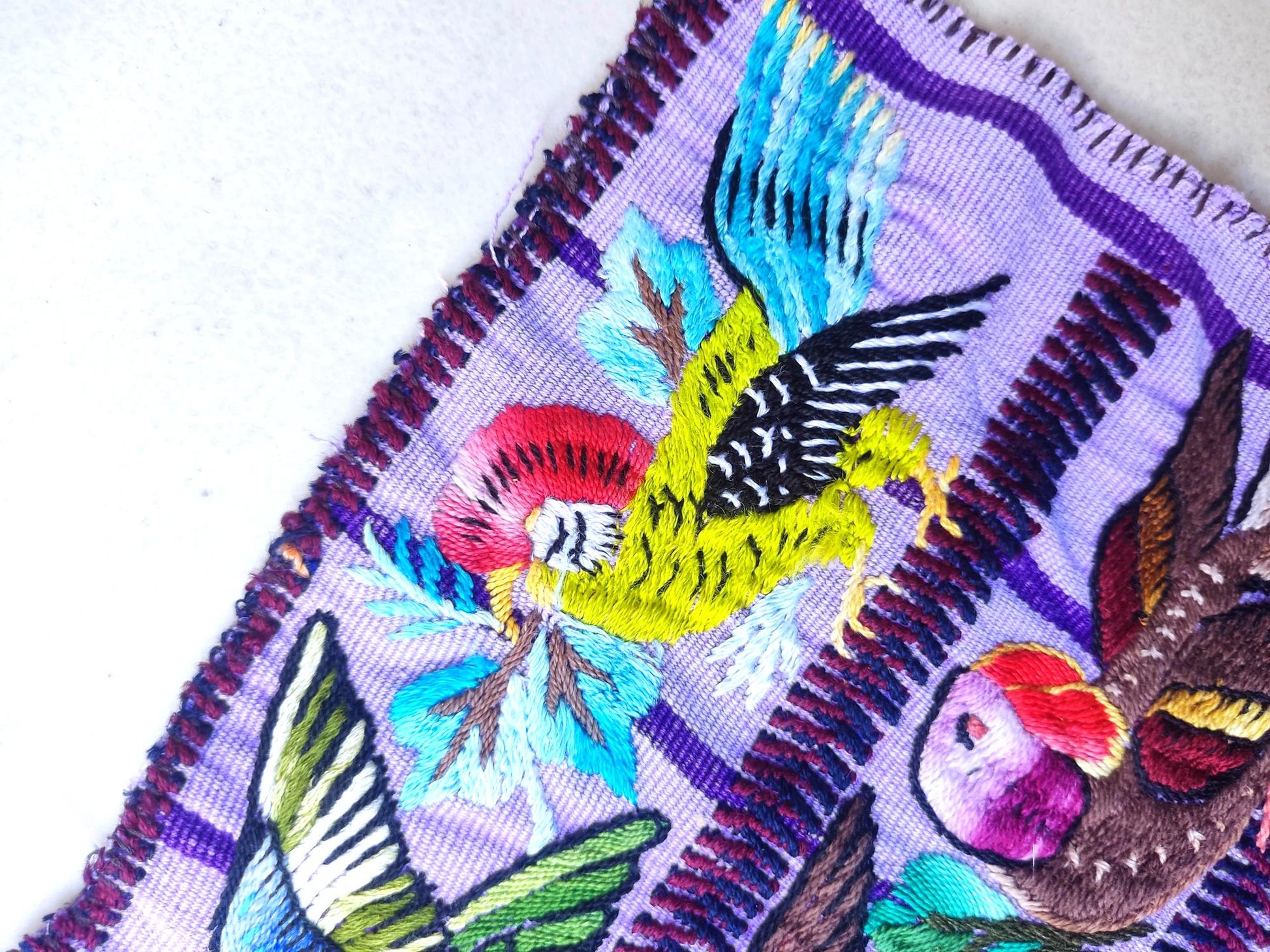 Handmade Purple EMBROIDERED Guatemalan Santiago Atitlan COTTON WALL "Mayan Bird Family" Tapestry