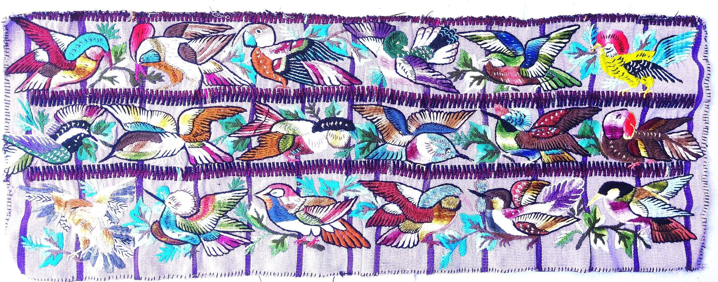 Handmade Purple EMBROIDERED Guatemalan Santiago Atitlan COTTON WALL "Mayan Bird Family" Tapestry