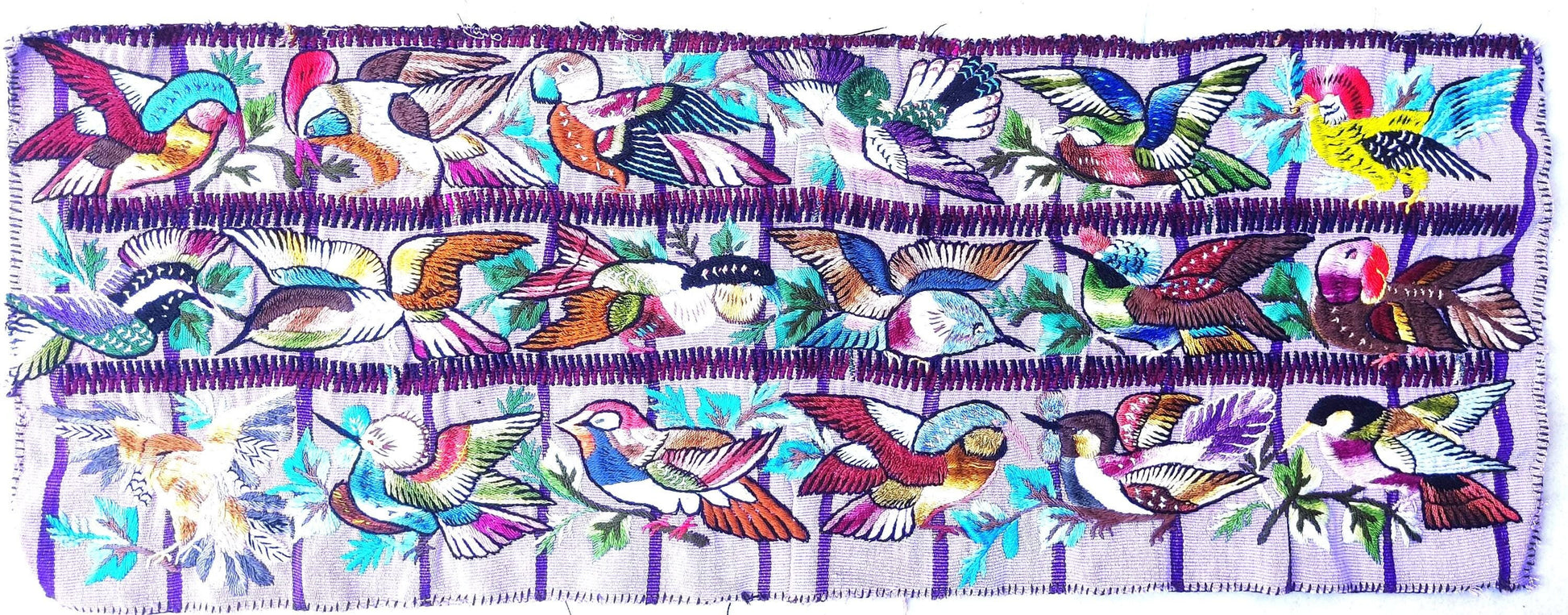 Handmade Purple EMBROIDERED Guatemalan Santiago Atitlan COTTON WALL "Mayan Bird Family" Tapestry