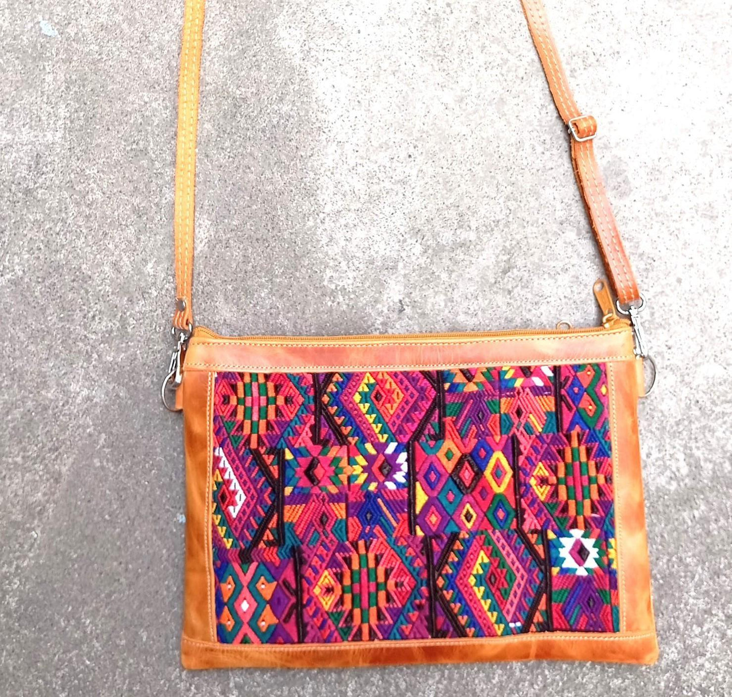 Aesthetic Woman Guatemalan Leather Huipil CROSSBODY Wristlet CLUTCH PURSE - 100% Cotton Lining Purse
