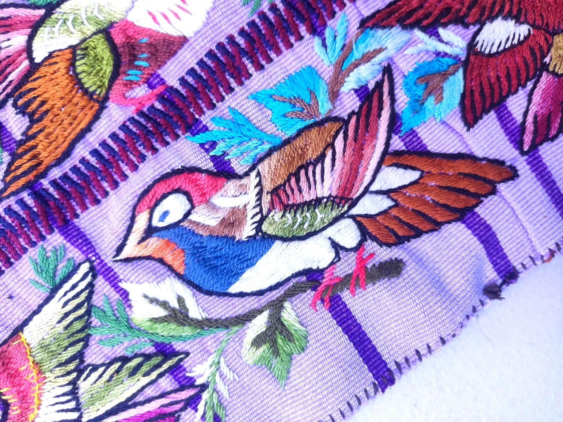 Handmade Purple EMBROIDERED Guatemalan Santiago Atitlan COTTON WALL "Mayan Bird Family" Tapestry