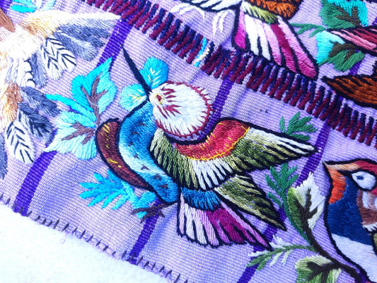 Handmade Purple EMBROIDERED Guatemalan Santiago Atitlan COTTON WALL "Mayan Bird Family" Tapestry