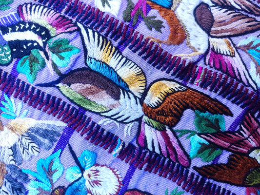 Handmade Purple EMBROIDERED Guatemalan Santiago Atitlan COTTON WALL "Mayan Bird Family" Tapestry