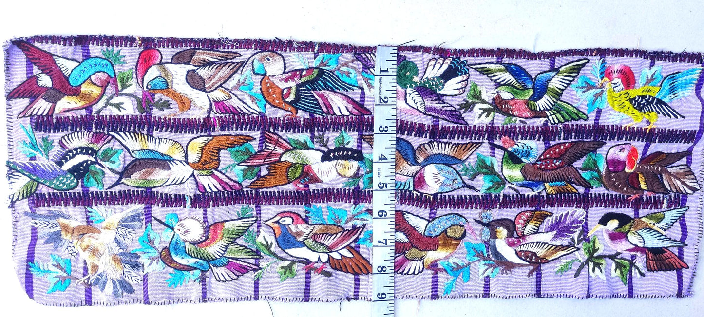 Handmade Purple EMBROIDERED Guatemalan Santiago Atitlan COTTON WALL "Mayan Bird Family" Tapestry