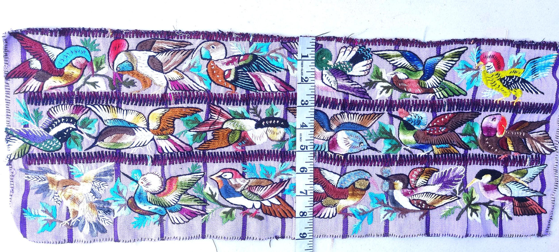 Handmade Purple EMBROIDERED Guatemalan Santiago Atitlan COTTON WALL "Mayan Bird Family" Tapestry