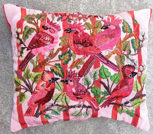 MINI Guatemala Hand Embroidery -6 CARDINAL BIRDS Pattern- Pillow Cushion 13 x 11 -Insert Included