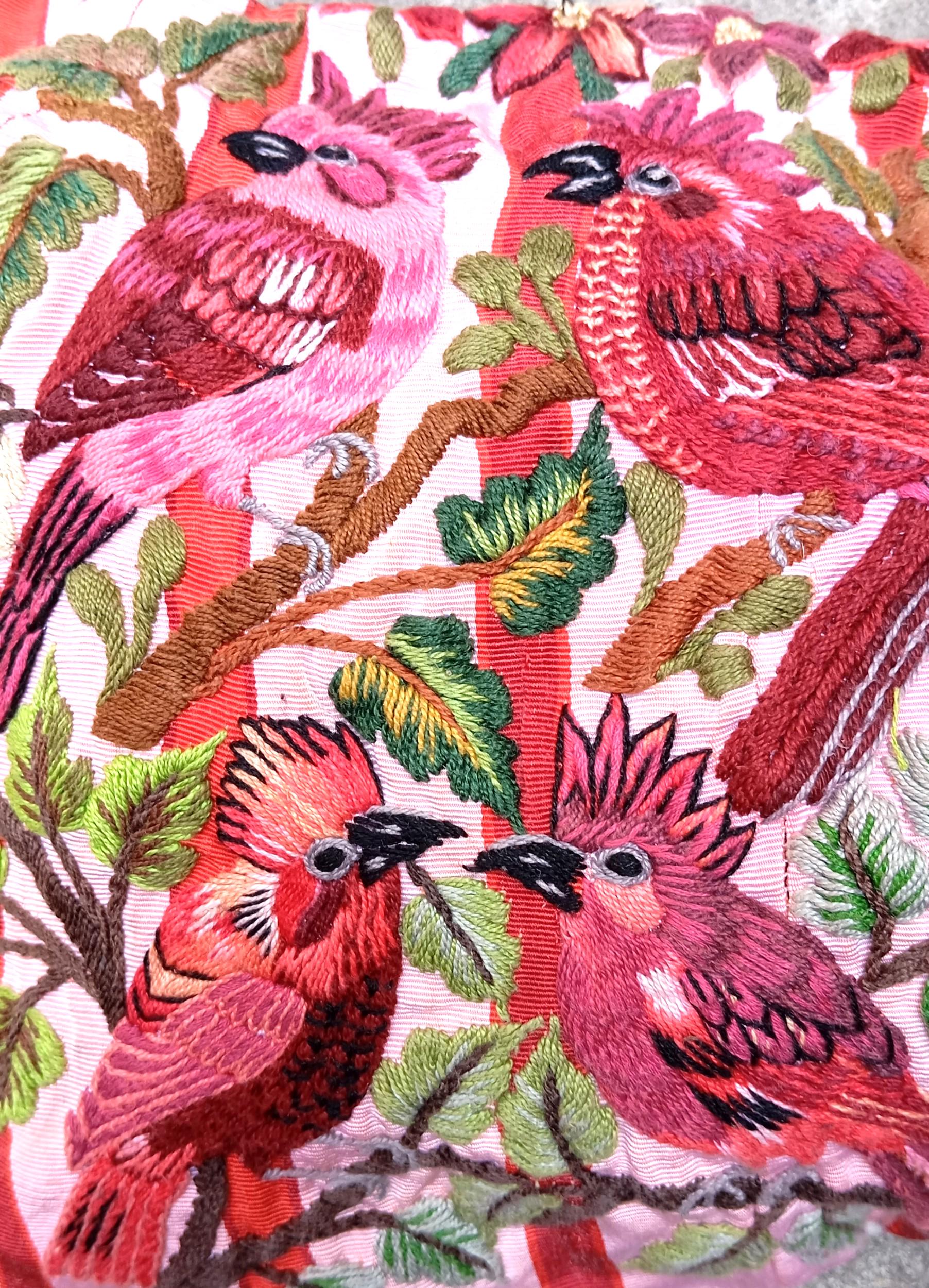 MINI Guatemala Hand Embroidery -6 CARDINAL BIRDS Pattern- Pillow Cushion 13 x 11 -Insert Included