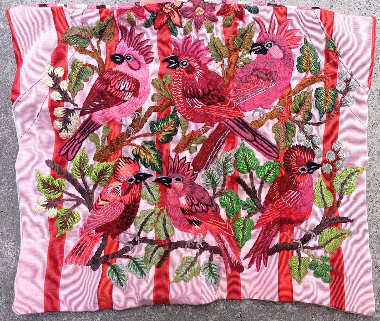 MINI Guatemala Hand Embroidery -6 CARDINAL BIRDS Pattern- Pillow Cushion 13 x 11 -Insert Included