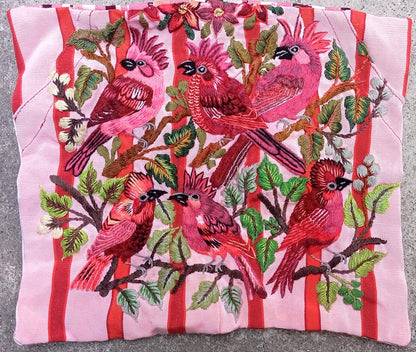 MINI Guatemala Hand Embroidery -6 CARDINAL BIRDS Pattern- Pillow Cushion 13 x 11 -Insert Included