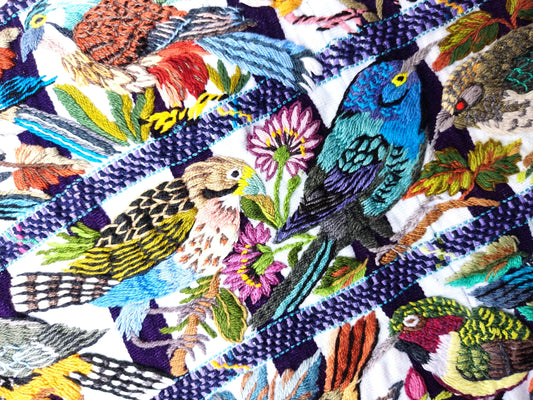 Handmade White EMBROIDERED Guatemalan Santiago Atitlan COTTON WALL "Mayan Bird Family" Tapestry