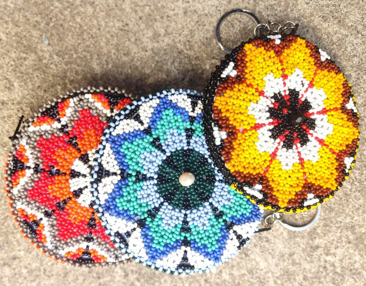 Handmade Round ARTISTICALLY Made Beaded COIN PURSE Key Ring
