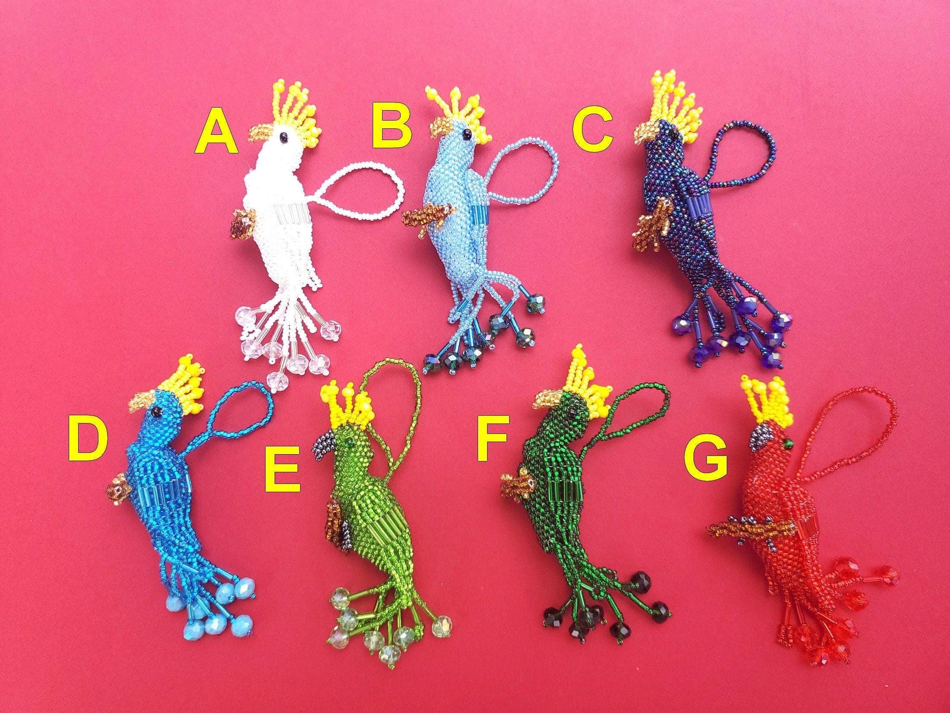 Cockatoo Ornament, Beaded Cockatoo, Mini Glass Ornaments,