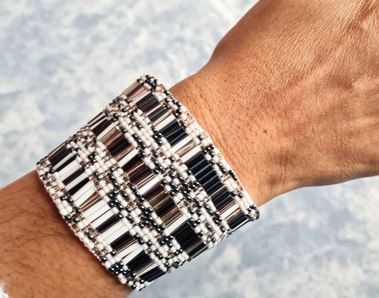 Wide Hand Beaded BRACELET -Gray and White- ATITLAN