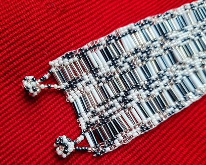 Wide Hand Beaded BRACELET -Gray and White- ATITLAN