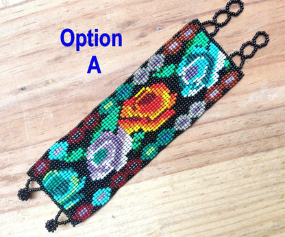 Wide Hand Beaded BRACELET -Floral and Geometric Pattern- ATITLAN