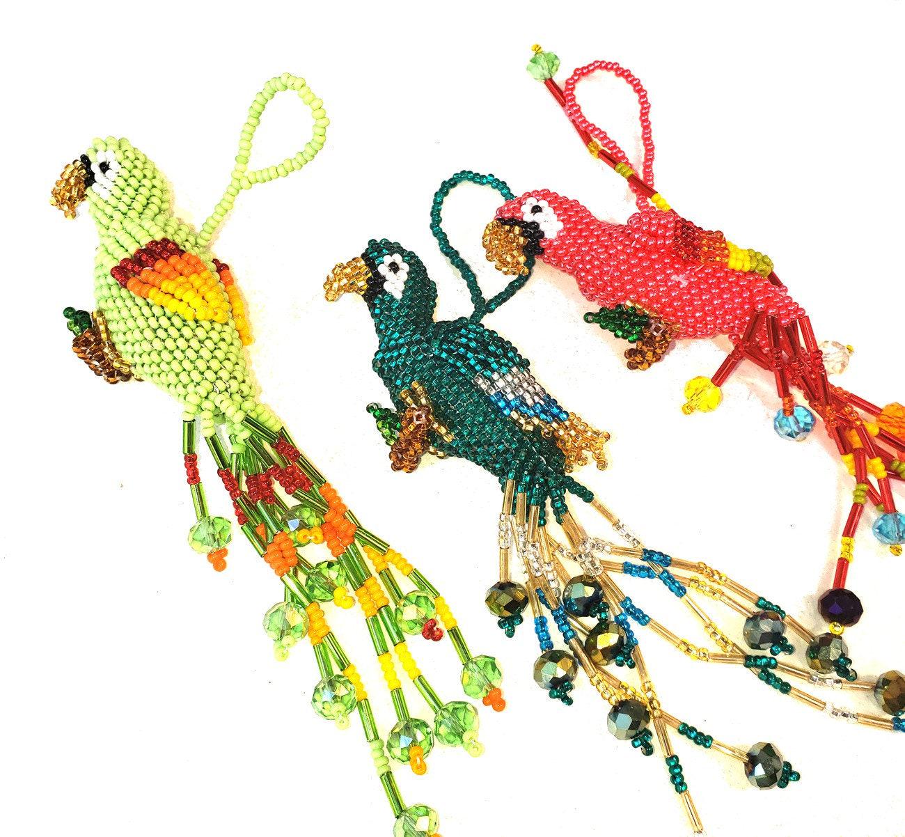 Parrot Ornament, Beaded Parrot, Mini Glass Ornaments
