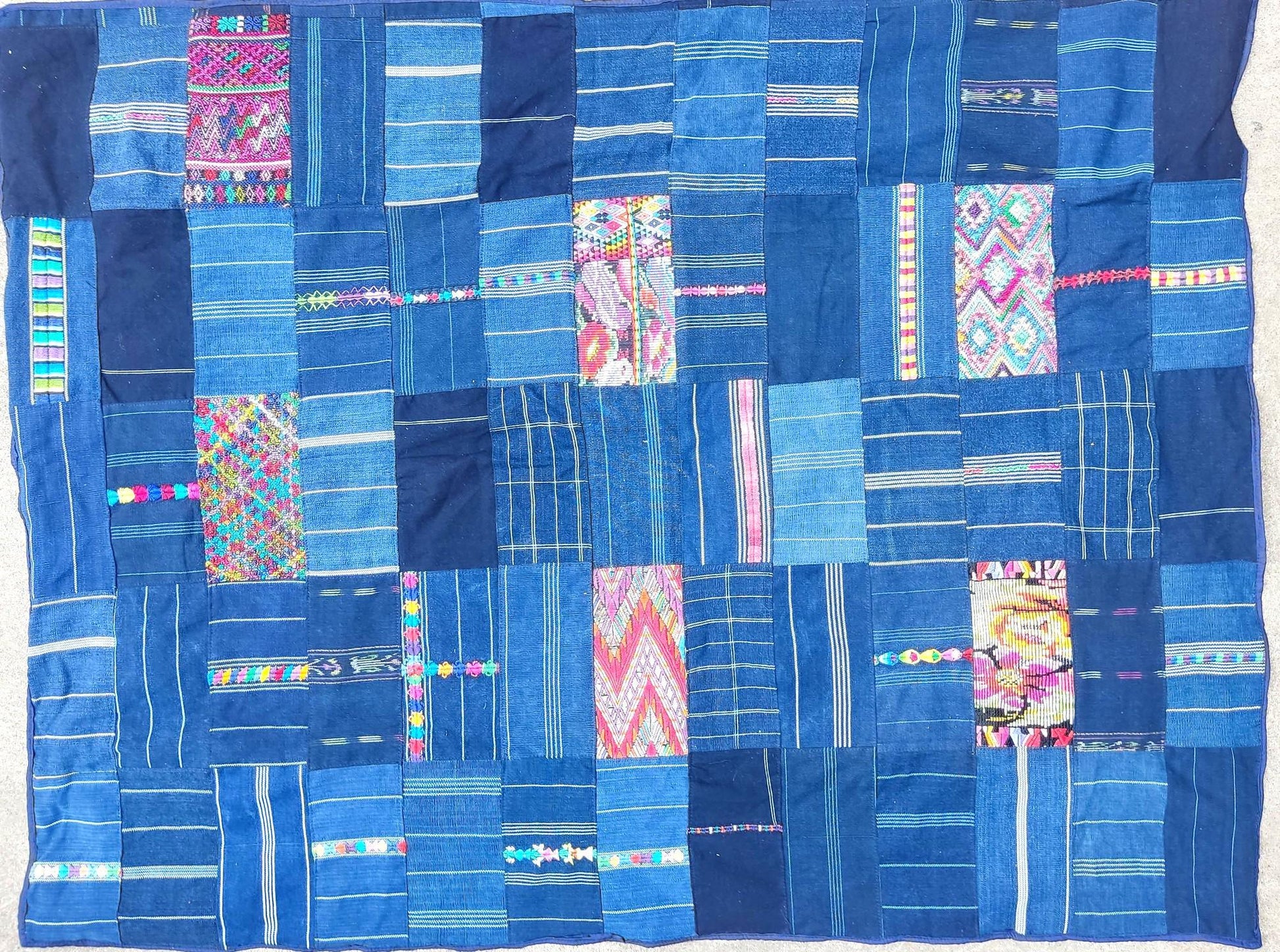 Guatemalan Indigo PATCHWORK QUILT Huipil throw -Wall hanging decor-