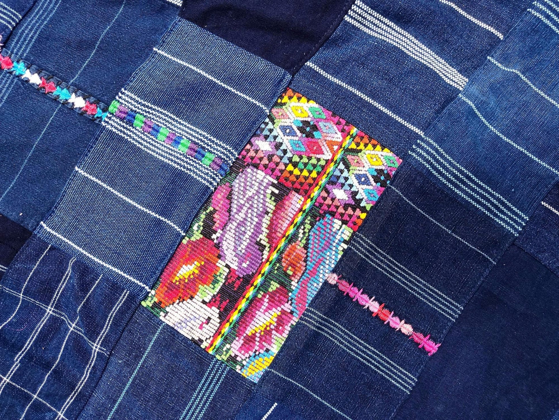 Guatemalan Indigo PATCHWORK QUILT Huipil throw -Wall hanging decor-