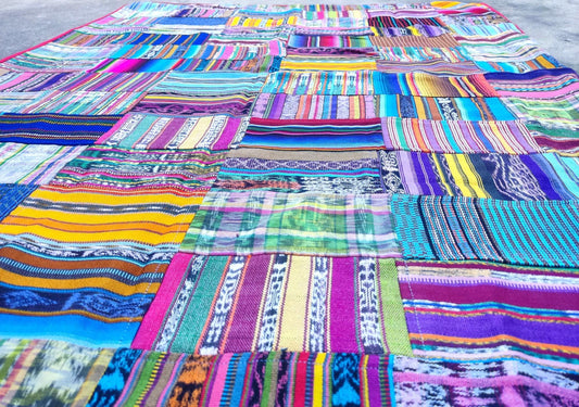 Multi Color Cotton Patchwork Quilt Guatemalan HUIPIL THROW BLANKET Perfect For The Beach Or As a Home Accent On Your Bed
