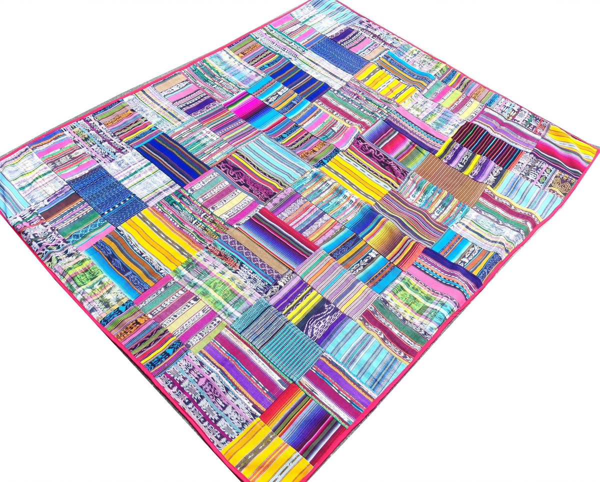 Multi Color Cotton Patchwork Quilt Guatemalan HUIPIL THROW BLANKET Perfect For The Beach Or As a Home Accent On Your Bed