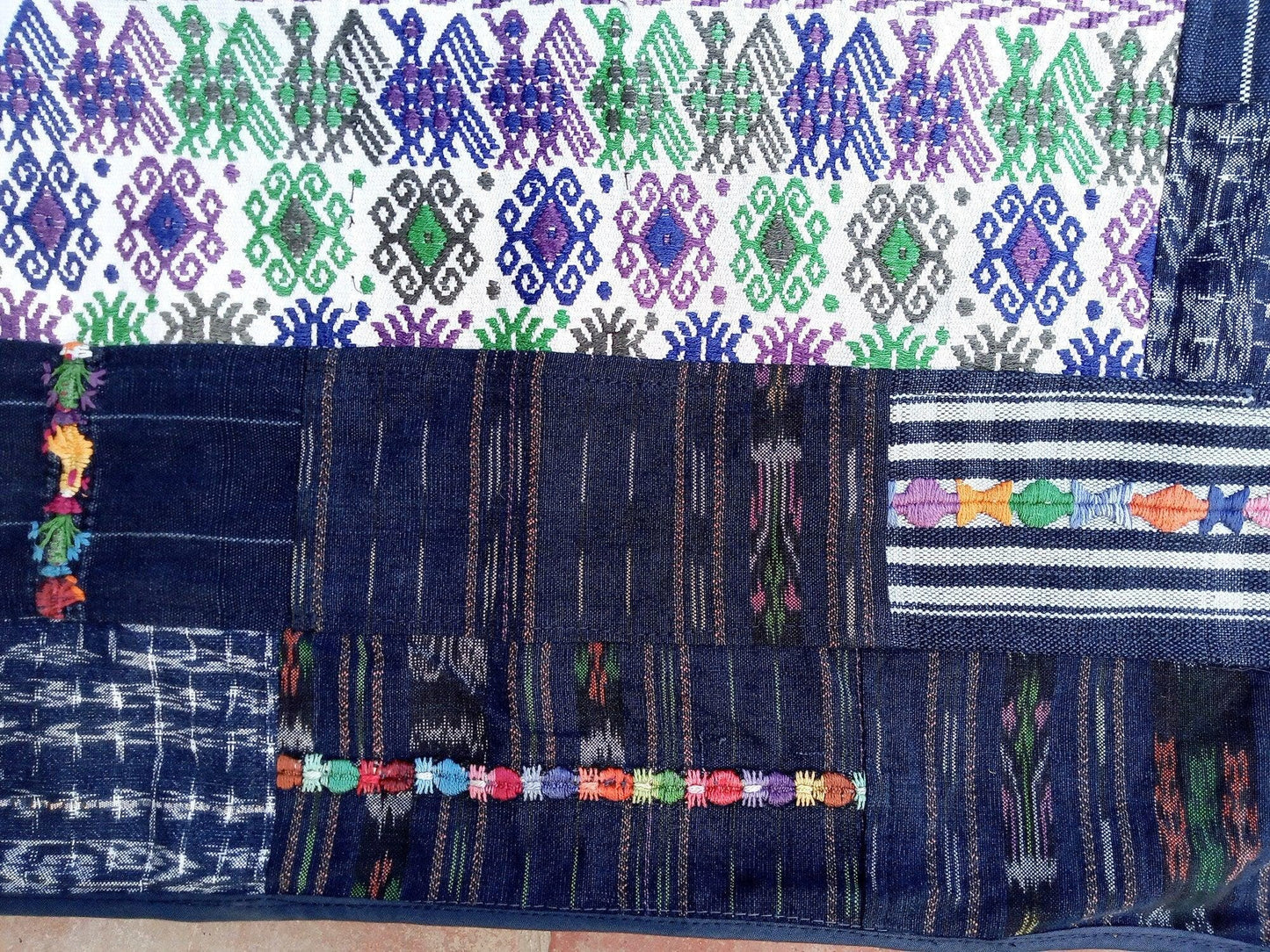 Guatemalan multicolor Patchwork Quilt -Blue birds embroidery- huipil throw