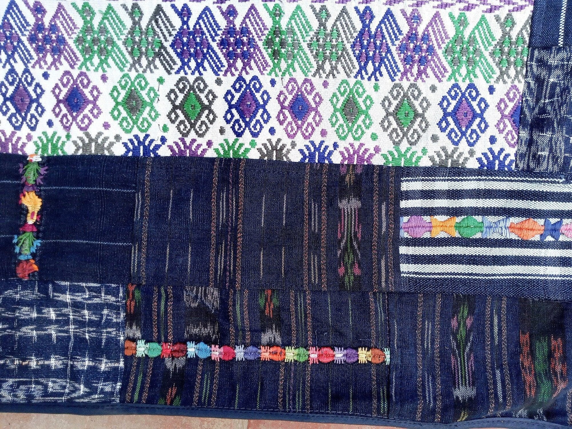 Guatemalan multicolor Patchwork Quilt -Blue birds embroidery- huipil throw
