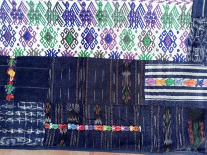 Guatemalan multicolor Patchwork Quilt -Blue birds embroidery- huipil throw