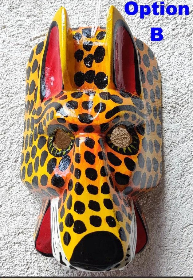 Hand-Painted Pinewood JAGUAR Carved Mask from Guatemala Made in NAHUALA
