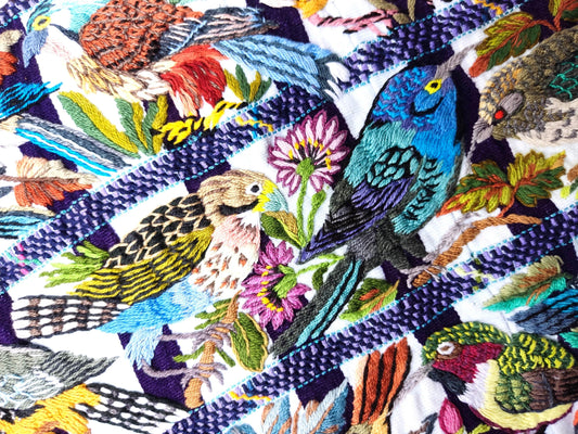 Handmade White EMBROIDERED Guatemalan Santiago Atitlan COTTON WALL "Mayan Bird Family" Tapestry
