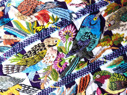 Handmade White EMBROIDERED Guatemalan Santiago Atitlan COTTON WALL "Mayan Bird Family" Tapestry